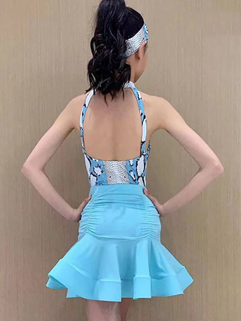 Latin Dance Meisjes Performance Kostuum Print Halter Rugloze Top En Grote Rok Zoom Rokken Kinderen Latin Kleding Wedstrijd Danseres