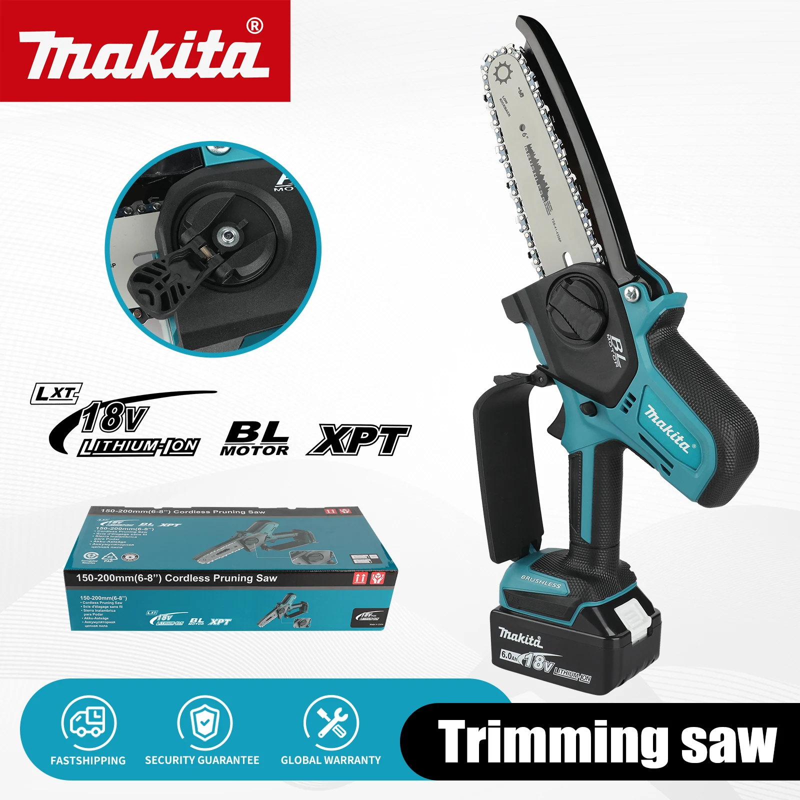 

Makita 4500RPM 6 Inch Mini Li-Ion Electric Chainsaw 20MM Stroke One Hand Portable Electric Saw Fit 18V Makita Battery
