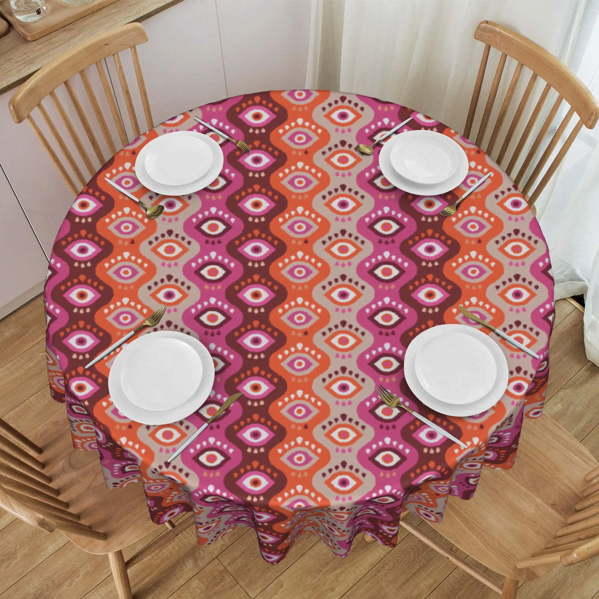Nappe ronde anti-taches motif œil protecteur ondulé et Hamsa porte-bonheur pour pique-nique, 60 pouces