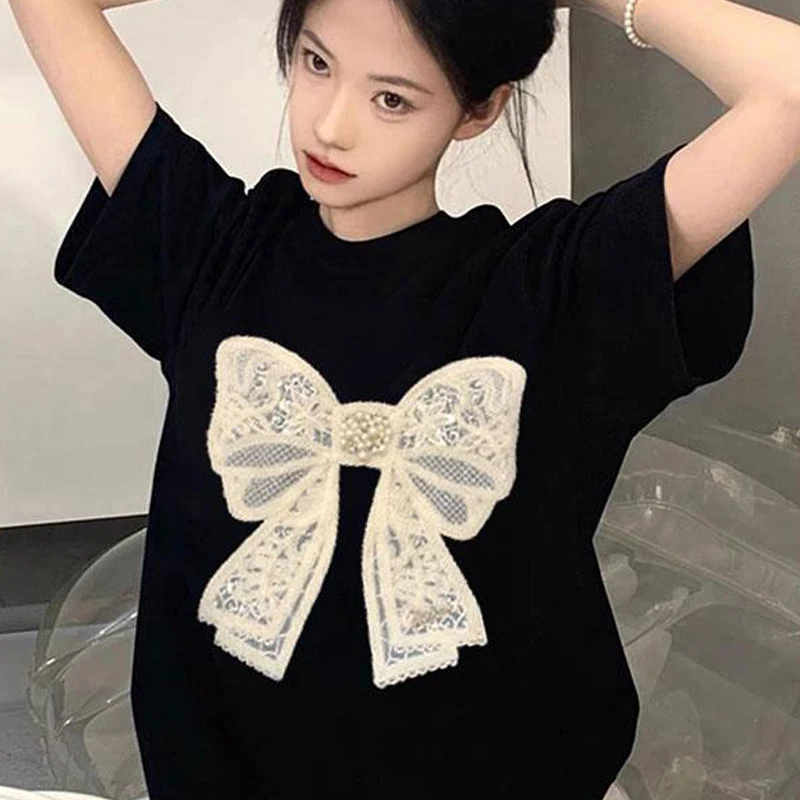 Summer Chic Sweet Kawaii Bow Women Tees Casual All Match t-shirt allentata Streetwear giapponese O Neck magliette Y2k estetica