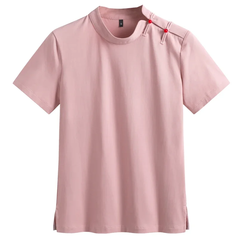 Summer New Side Button Round Neck Simple Short Sleeve Top Cotton Women's Slim Fit Solid T-shirt
