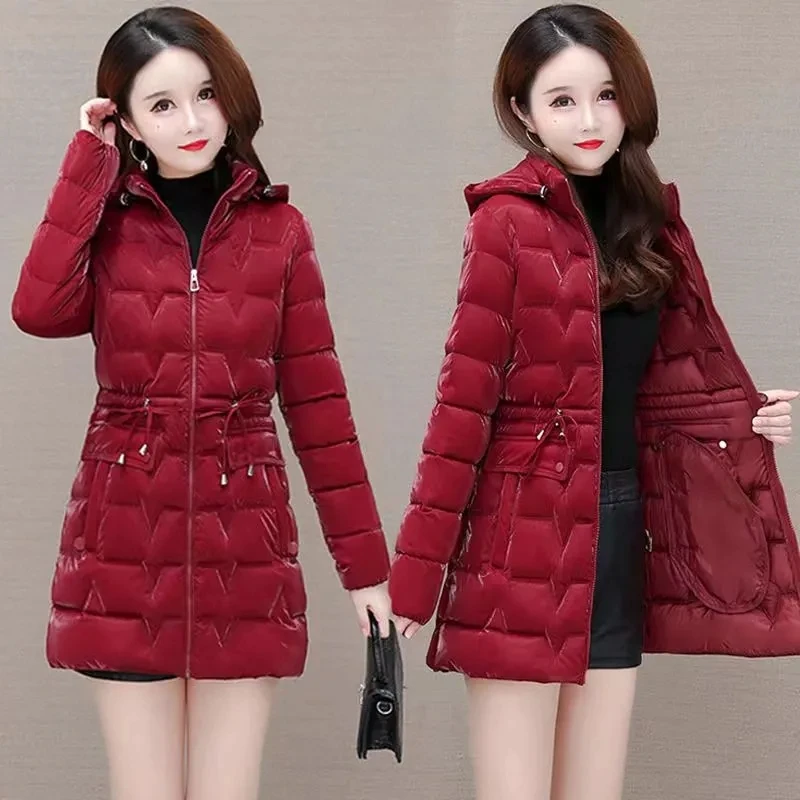 

Pearlescent Glossy Disposable Cotton-padded Coat 2023New Long Slim Mother Hooded Padded Warm Down Cotton-padded Jacket Coat Lady