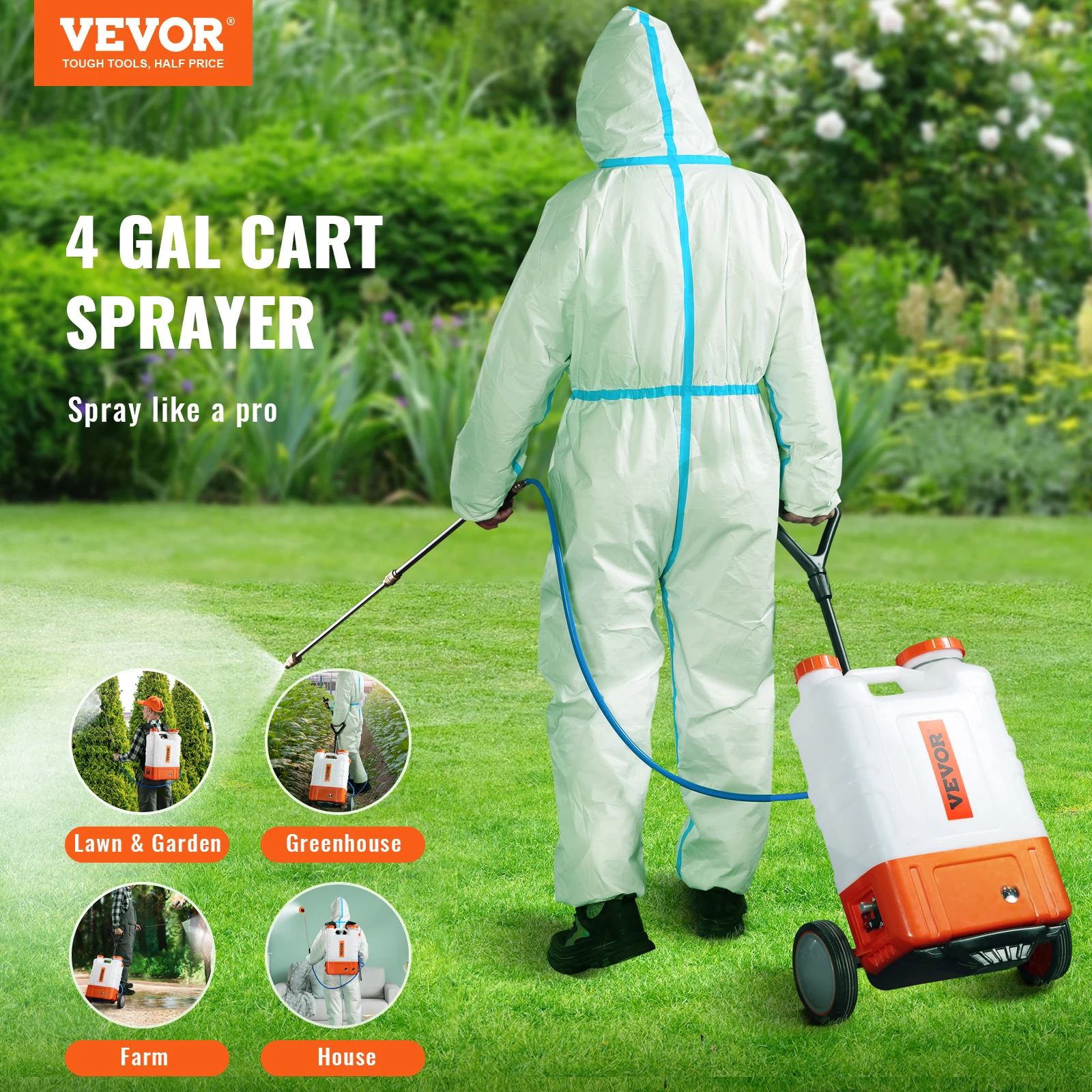 VEVOR Backpack Sprayer w/Cart 0-94PSI Adjustable Pressure 12V 7.2Ah Battery Wide Mouth Lid Garden Sprayer for Weeding/Cleaning