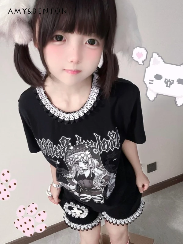 

Original Mine Short-sleeved Polka Dot Lolita Suit Japanese Two-dimensional Animation Printing Subculture Gothic Slim Top Shorts