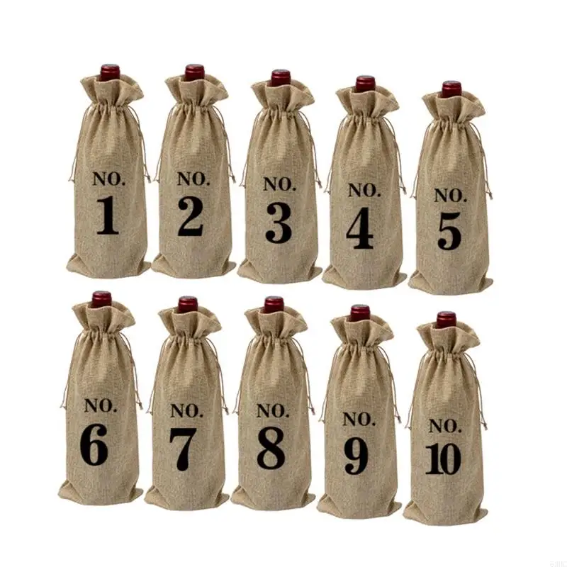 

63HC 10 Pcs Burlap Wine Bags with Drawstring Numbered Glass Bottle Cover Packaging Wrap Bag Christmas Wedding Home Decoration