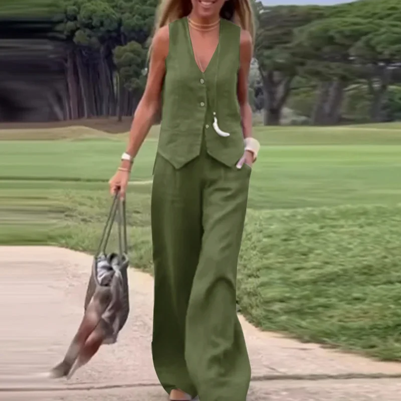 Fashion Women V Neck Button Vest Shirt Wide Leg Pants Suit Women Casual Two Piece Set Tracksuits 2024