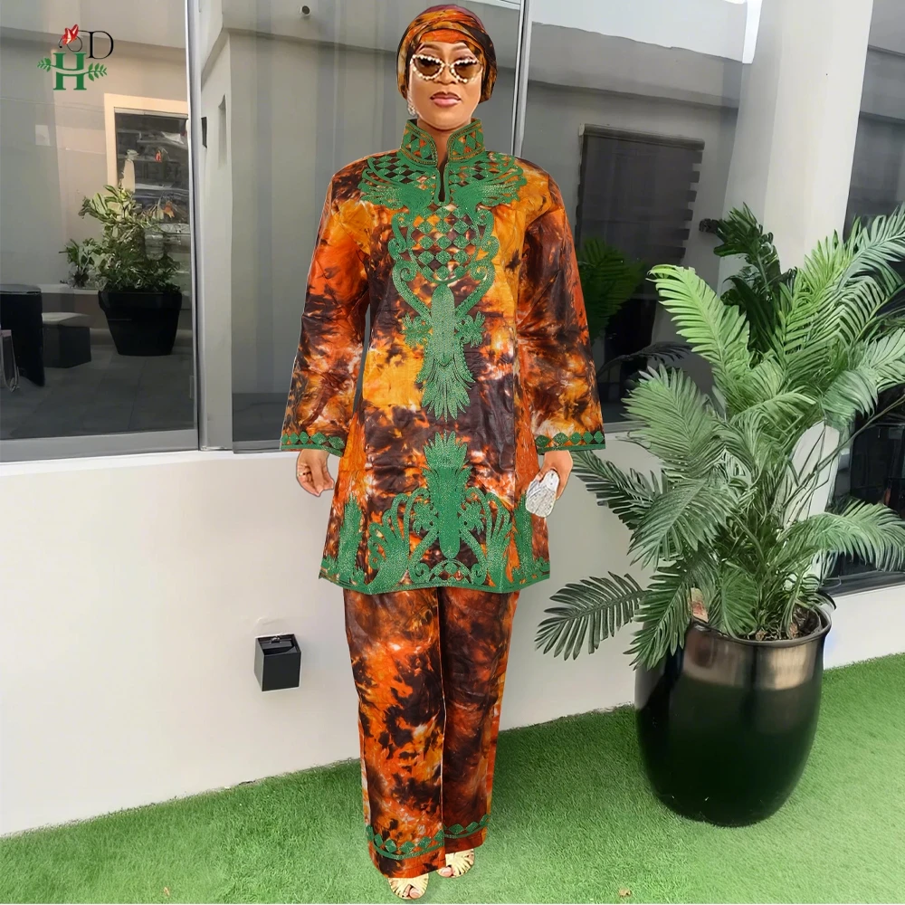 

Африканские платья H&D для женщин, традиционные вышитые платья, одежда из ткани базин, женская одежда из Турции, комплект из 2 предметов: топ и брюки, для вечеринок и свадеб.