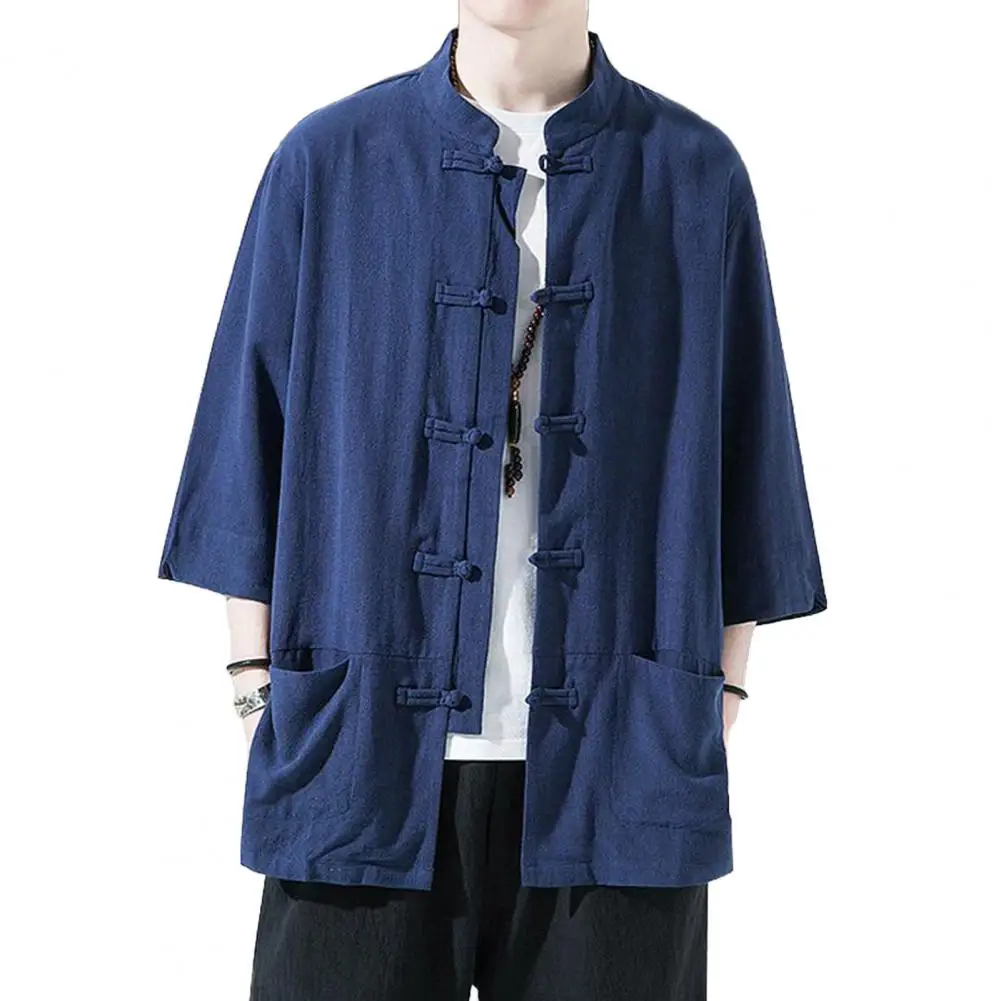 Осенняя мужская рубашка в китайском стиле с воротником-стойкой и длинным рукавом с карманами, мужская рубашка, традиционные топы с кунг-фу и дисковыми пуговицами Тан для вечеринки