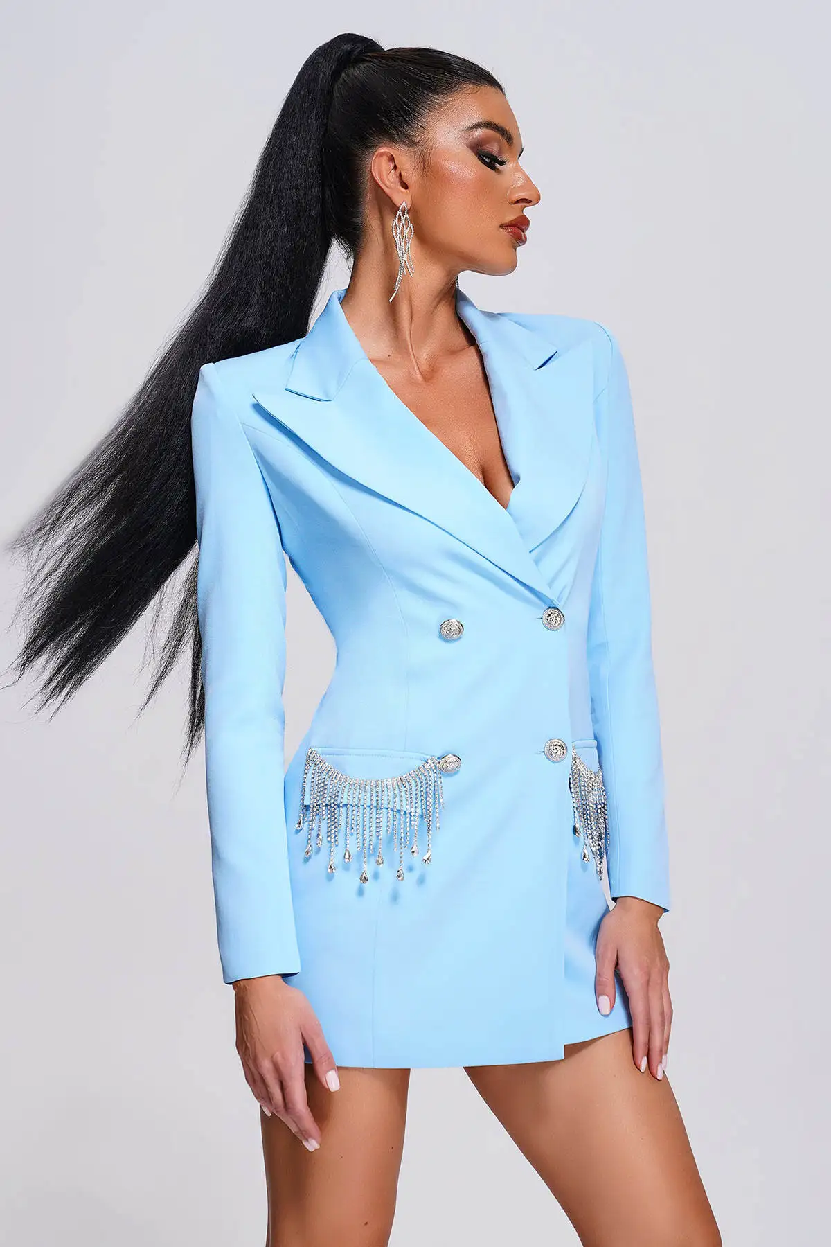 Sky Blue Women Blazer Dress Beading Tailored Ladies Tuxedos Wedding Wear Party Prom Jacket 1 Piece