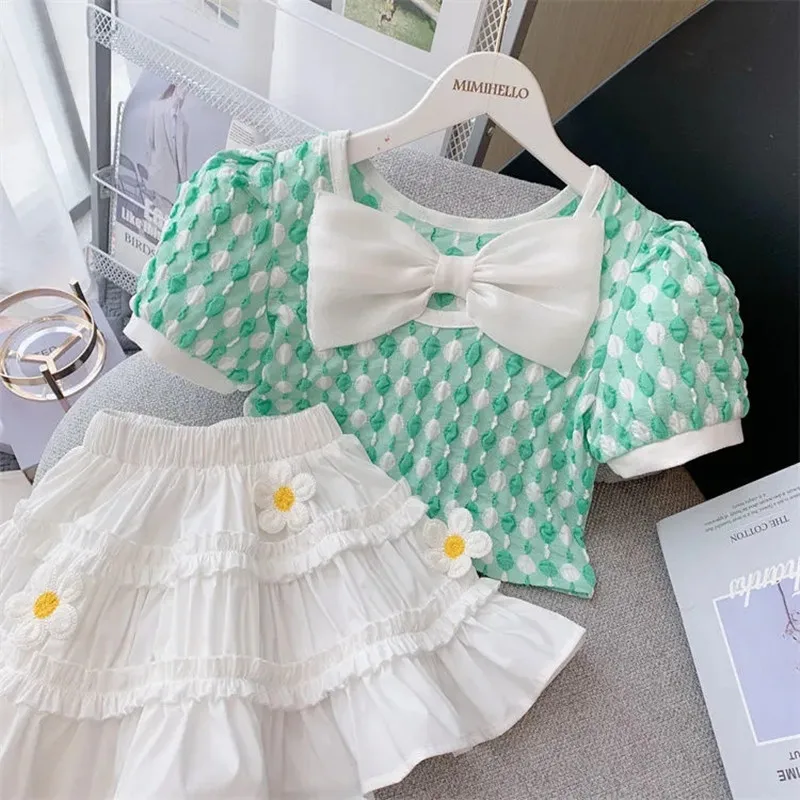 Teenager Girls Suit Summer Cloothing Children\'s Bow T-shirt Short Skirt Two-piece Girls Baby Short Sleeved T-shirt Set