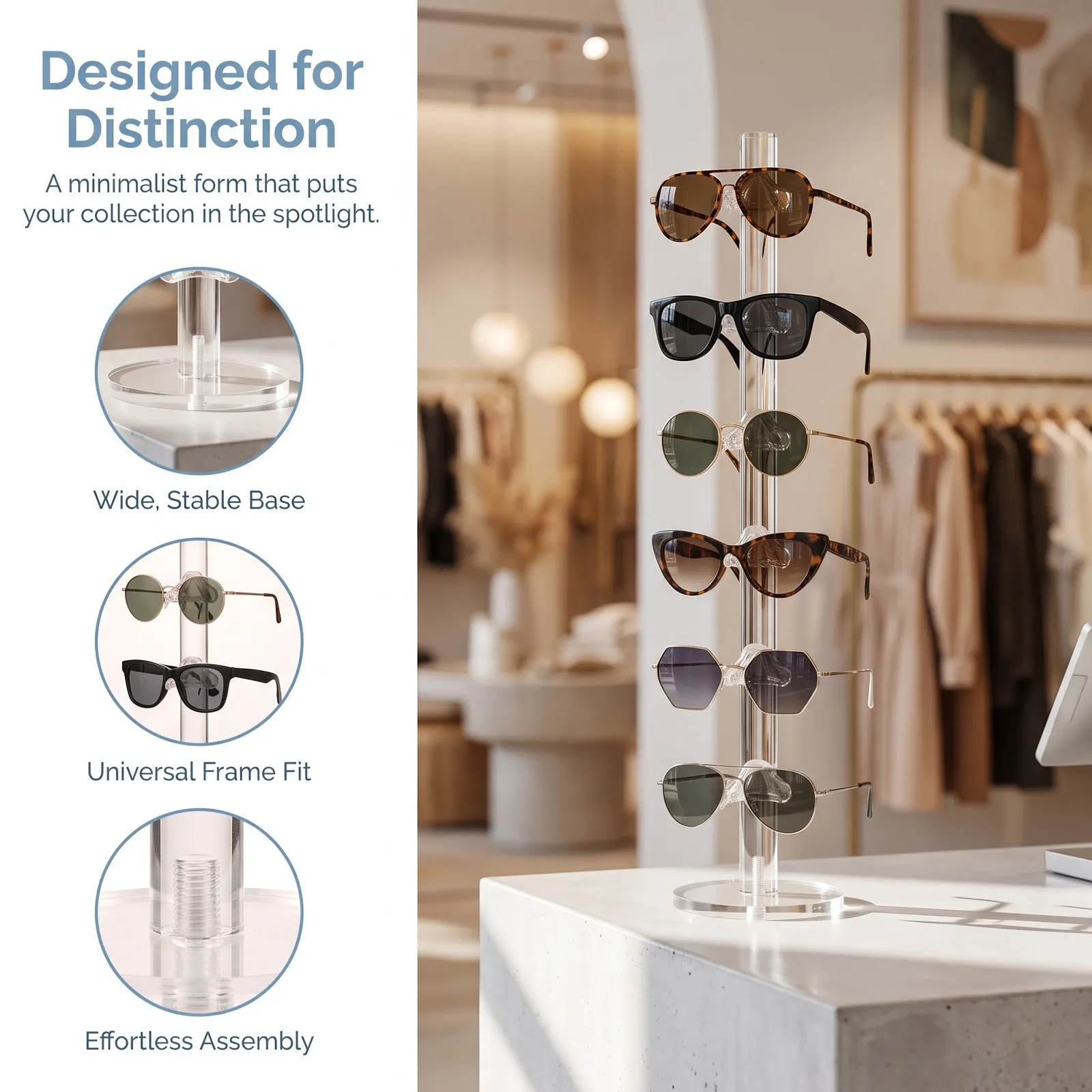 6-Tier Acrylic Sunglasses Display Rack Clear Eyeglasses Organizer Stand Stable Base Glasses Holder for Retail Display