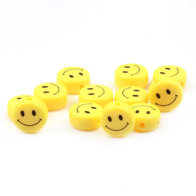 10mm 12mm Flat Round Yellow Beads Smile Face Beaded for Woman Jewelry Making Bracelet Diy Beads Accessories 2021 New