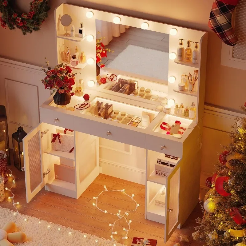 Makeup Vanity with Glass Top, White Vanity Desk with Mirror and Lights, Big Vanity with Drawers & Cabinets for Bedroom, Cute Van