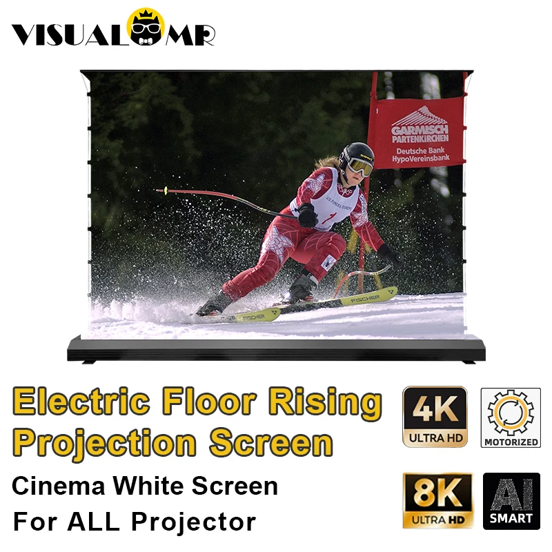 Newly Upgraded Cinema White Electric Floor Rising Projection Screen Tab-Tensioned 4K/8K Motorized 72-120inch For All Projectors