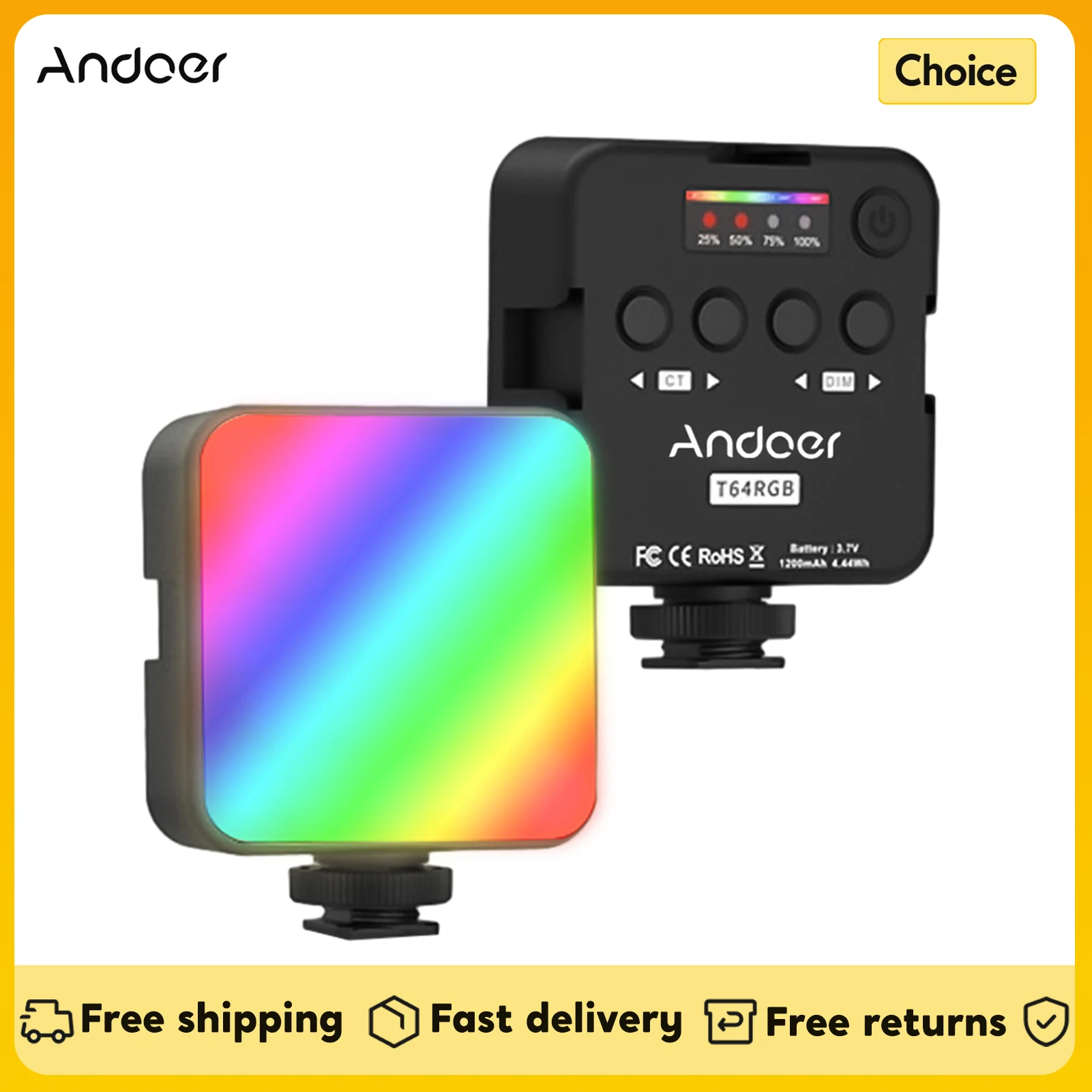 ANDOER T64RGB Pocket LED Video Light Mini RGB Photography Light 2500K-9000K±200K CRI≥95 3 Cold Shoe Mounts for Live Streaming