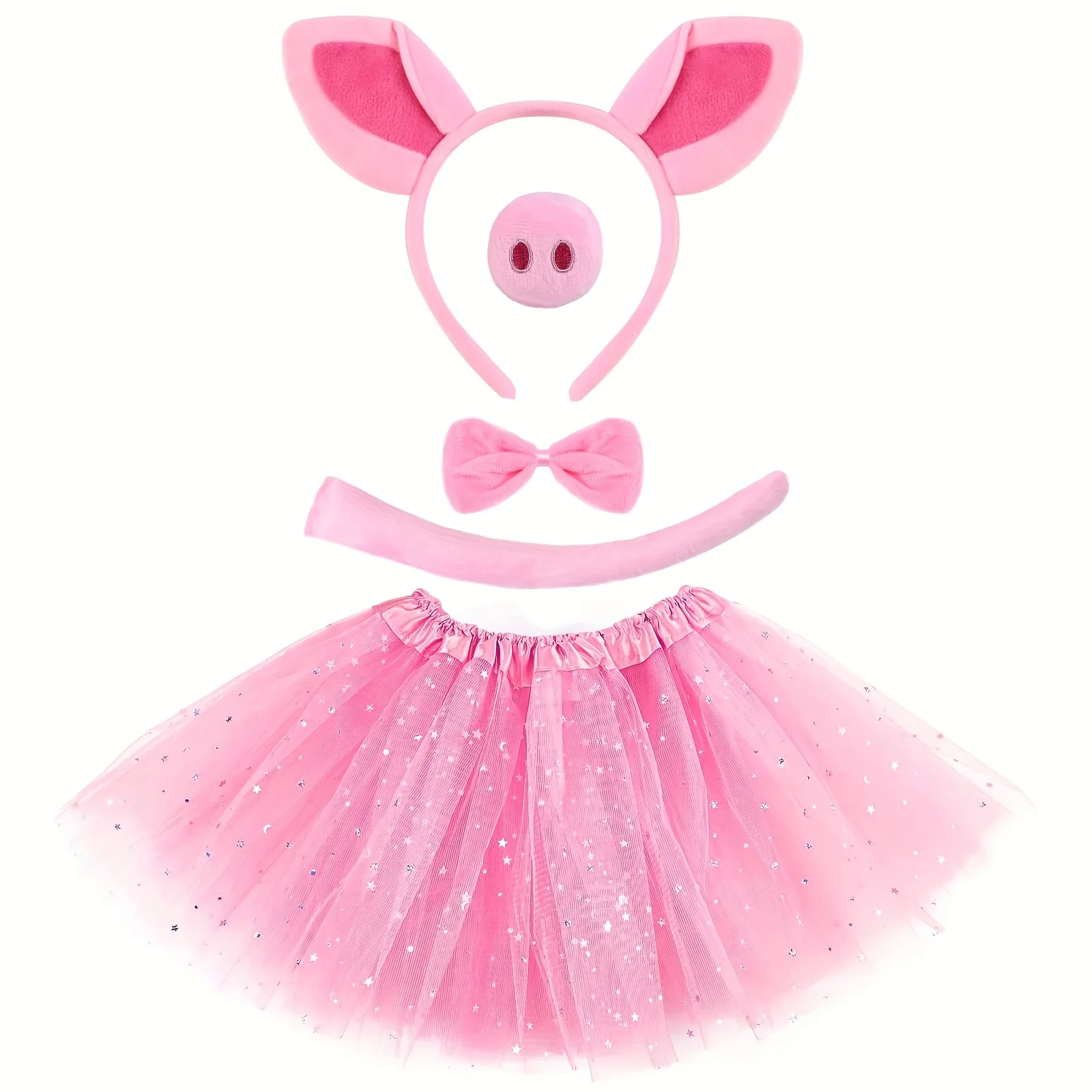 

Girls Children Pink Pig Costume Set Plush Animal Ear Nose Headband Tail Paw Gloves and Mesh Tutu Skirt Accessories Party