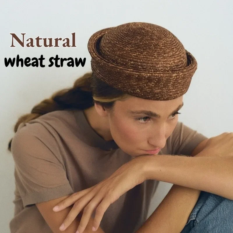 النساء المنسوجة يدويا القش الطبيعي قبعة الشمس Ins مدون موضة الصيف القبعات المسطحة دائرة مقعر علوي الكنيسة ديربي قبعة للشاطئ