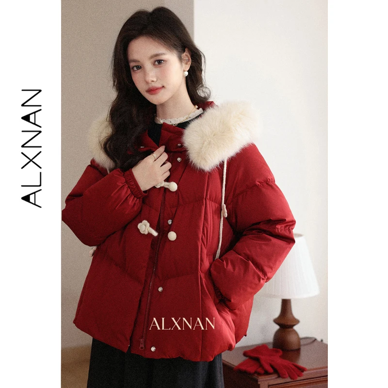 ALXNAN Women Down Jacket 90% White Duck Down Coat Detachable Real Fox Fur Collar Lightweight Warm Puffer Parka Outerwear L59135