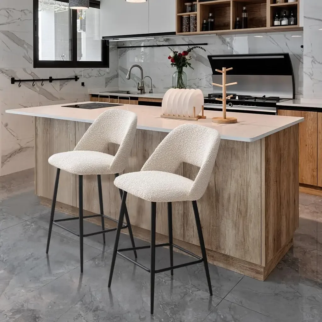 27’’ Boucle Bar Stools Set of 2, Upholstered Counter Height Stools with Open Back, Modern Barstools for Kitchen Island