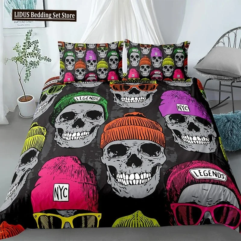 

Skull Duvet Cover Set Colourful Hats Horror Gothic Theme Bone Skeleton Pattern Polyester Size For Boy Teen