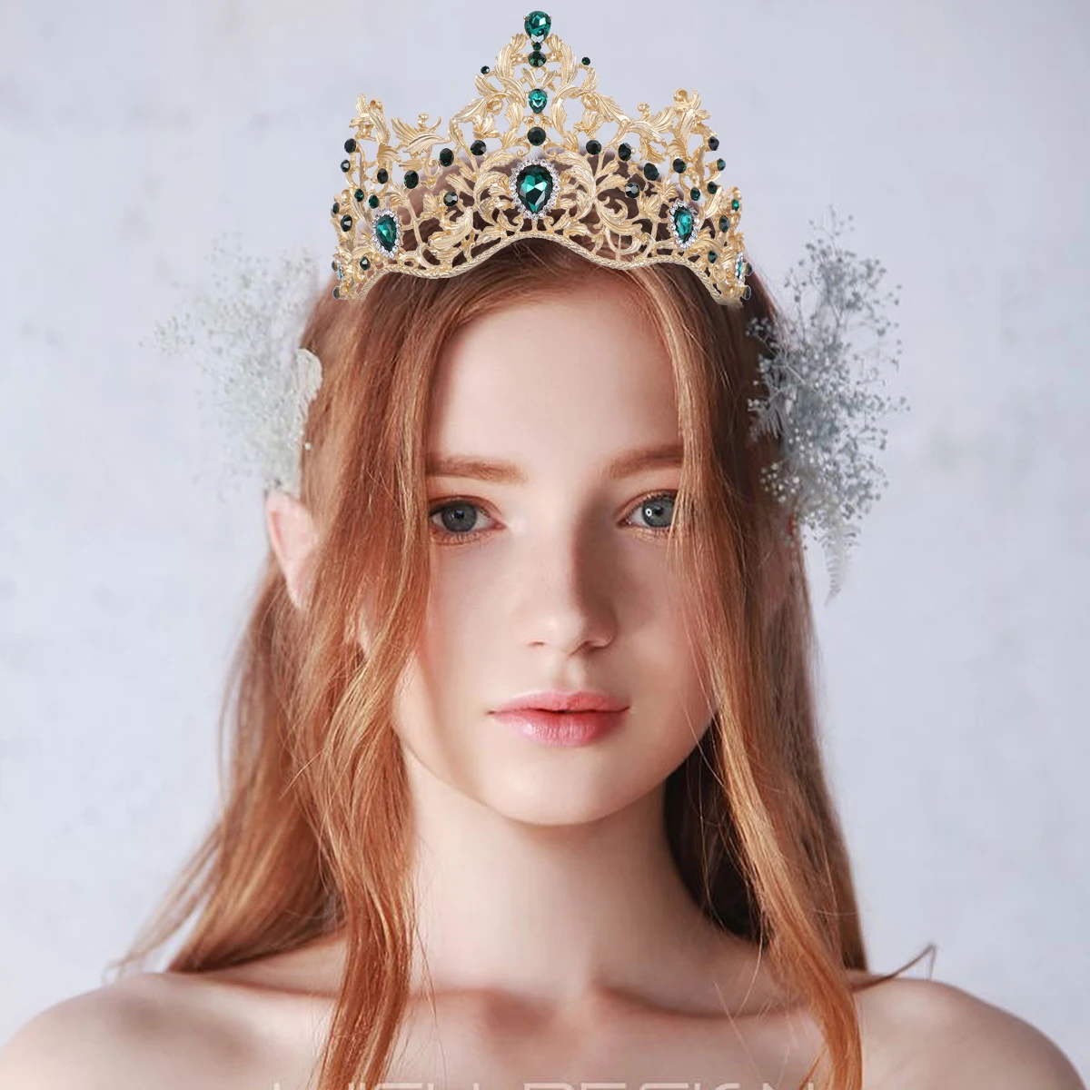 

Baroque Crown Hair Accessories Wedding Hairpiece Bridal Earrings Green Bride Hair Vine Set Elegant Lightweight Durable Alloy