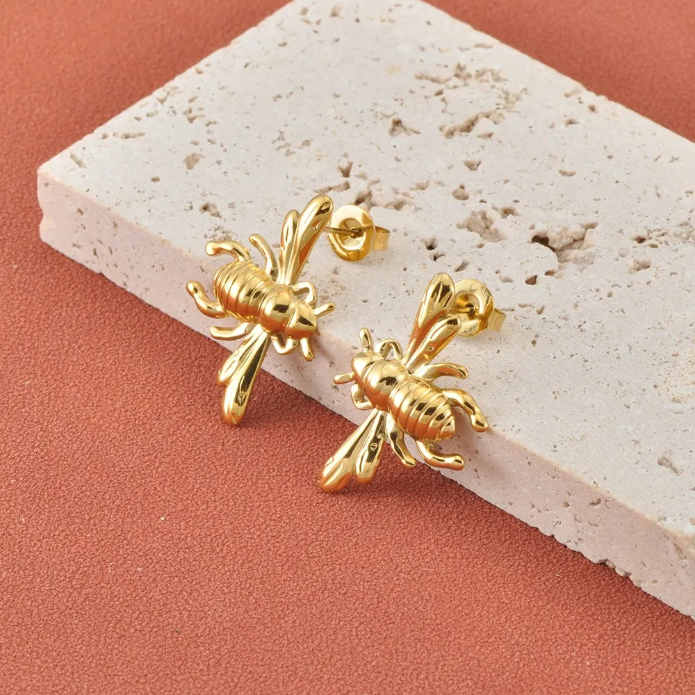 Lokaer Edelstahl-Ohrringe mit 18 Karat vergoldeter Bienen- und Tiermotiv-Verzierung für Damen, modischer Luxus-Schmuck mit Bienen-Design, beliebter Schmuck E26072