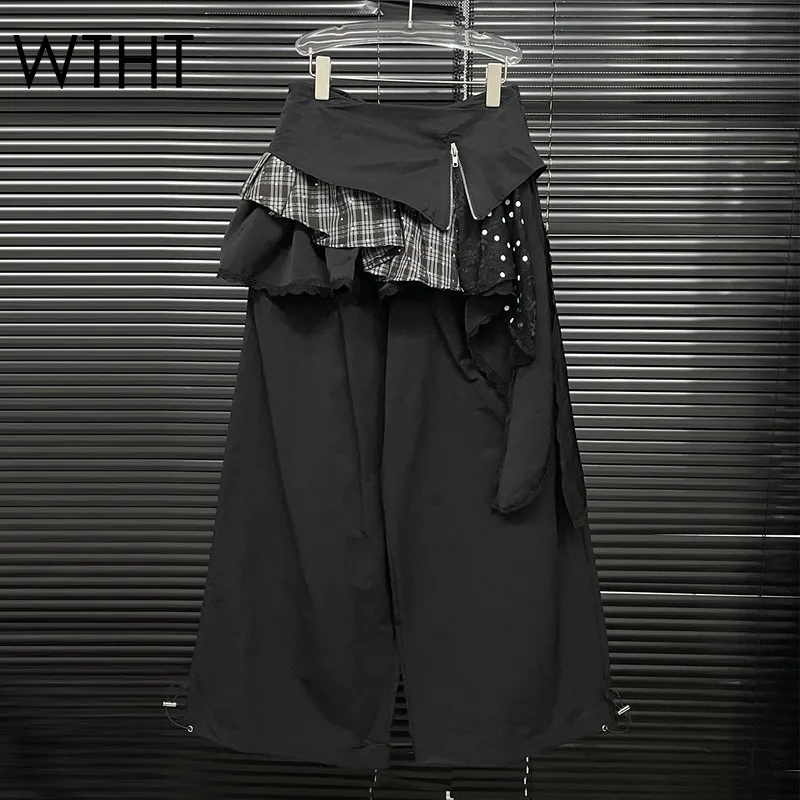 

WTHT Fashion 2025 Summer Women Irregular Spliced Zipper Design Trouser Trendy High-waisted Casual Wide Leg Pants Female 1LS1453
