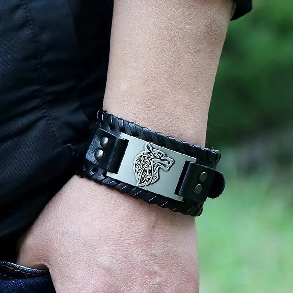 Men's Stylish Viking Themed Leather Wristband Bold Wolf Motif Metal Embellishment Bracelet Punk Rock Parties Jewelry Unique Gift image 3