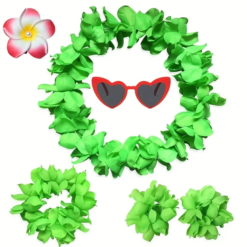ชุดเครื่องประดับฮาวาย 6 ชิ้น ประกอบด้วยพวงมาลัยดอกไม้ สายรัดข้อมือ และแว่นตา สำหรับงานปาร์ตี้ธีมทรอปิคอล