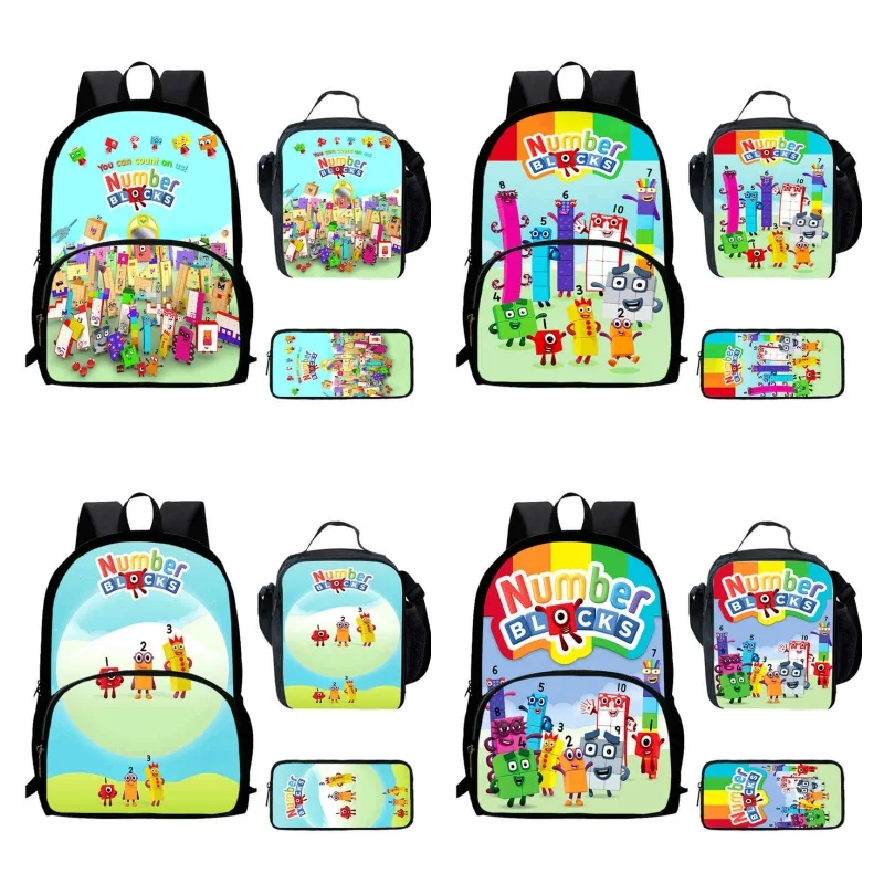 Cartoon Numberblocks Child Backpack with Front Pocket,Lunch Bags,Pencil Bags for Aged 5-10 ,Cartoon School Bags for Boys Girls