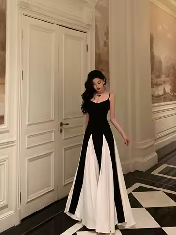 Black &amp; White Spaghetti Strap Backless A-Line Evening Dress with Padded Bust