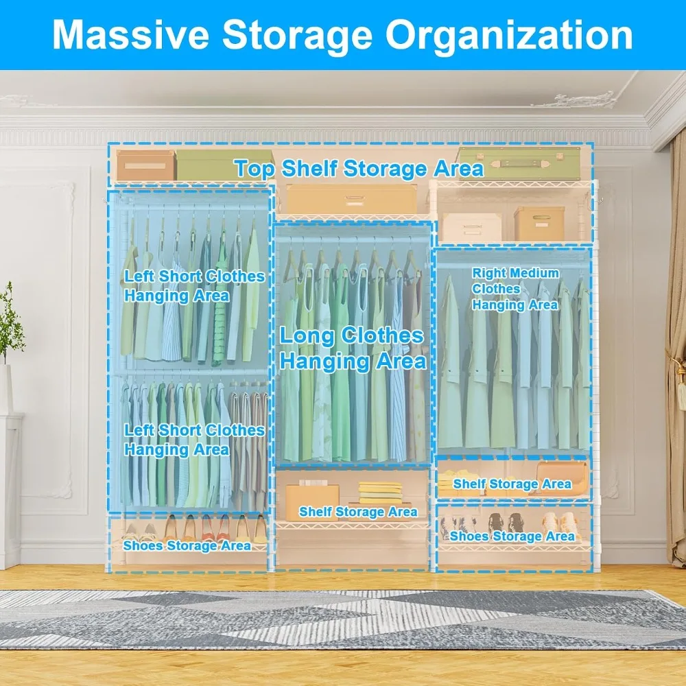Heavy-duty clothes rack (with 4 rods and 8 shelves) freestanding clothes hanger, 63×16×77 in, maximum load capacity 900 pounds