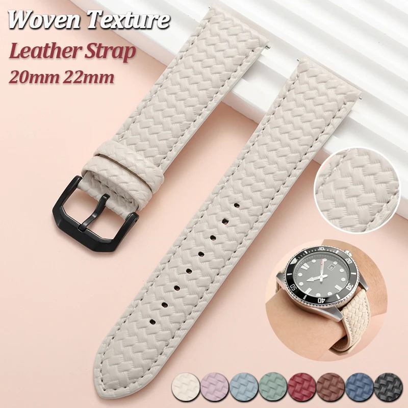 Woven Texture Leather Watch Strap 20mm 22mm for Huawei Watch for Samsung Replacement Band Quick Release Bracelet Business Belt