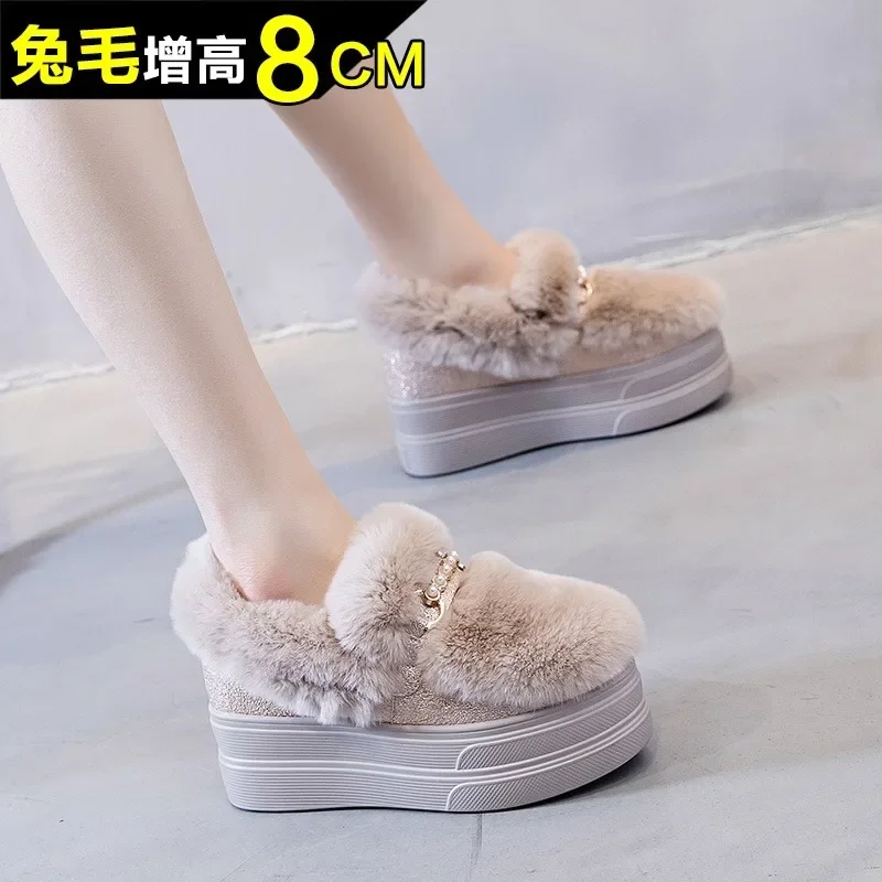 2024 Platform Plush Boots Women Crystals String Bead Hot Warm Height Increasing Short Snow Boots Pearl Fur Shoes Woman