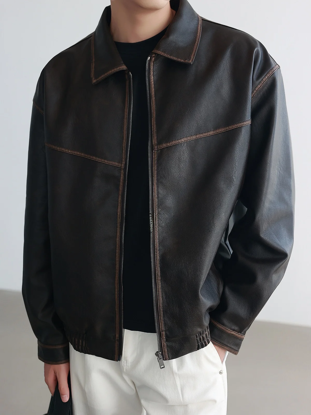 Vintage PU Leather Jacket Men's Loose Fit Autumn Jacket Coat Color Worn Design Line Sense Button Cuff Straight Hem Zipper Clo...