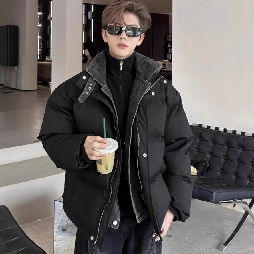 

Men Denim Patchwork Coats Stand Collar Parkas Jackets Zipper Pocket Buttons Long Sleeves Thick Loose Casual 2025 Autumn Winter