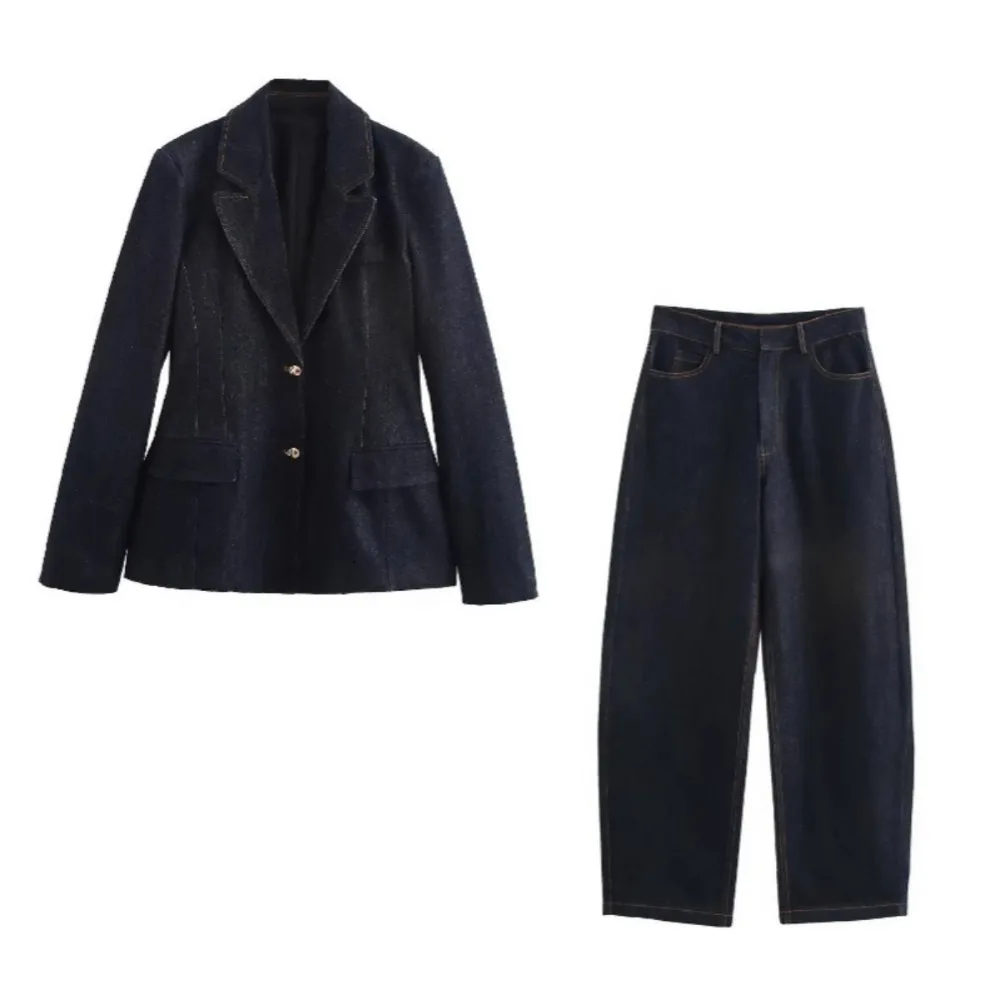 

ZBZA Women's Slim-fit Denim Blazer Trousers Suit Lapel Long Sleeve Single Breasted Jacket Pocket Straight Pants Spring Chic Set