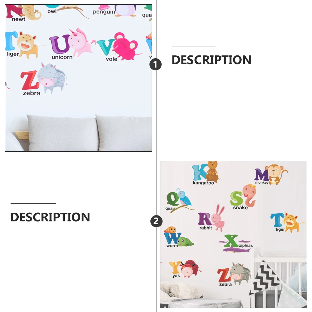 

2 pcs Wall Stickers Creative Cartoon Animal Alphabet Decor Kids Room Bedroom Living Mural PVC Decals Easy Apply Remove