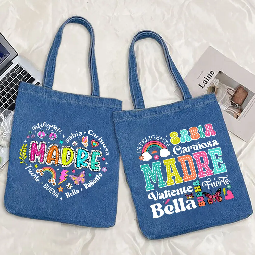 Smart Intelligent Cute Brave Beautiful Mom Peint Denim Tote Bag Female Shopping Bags Travel Handbags Mother's Day Gifts for Mom
