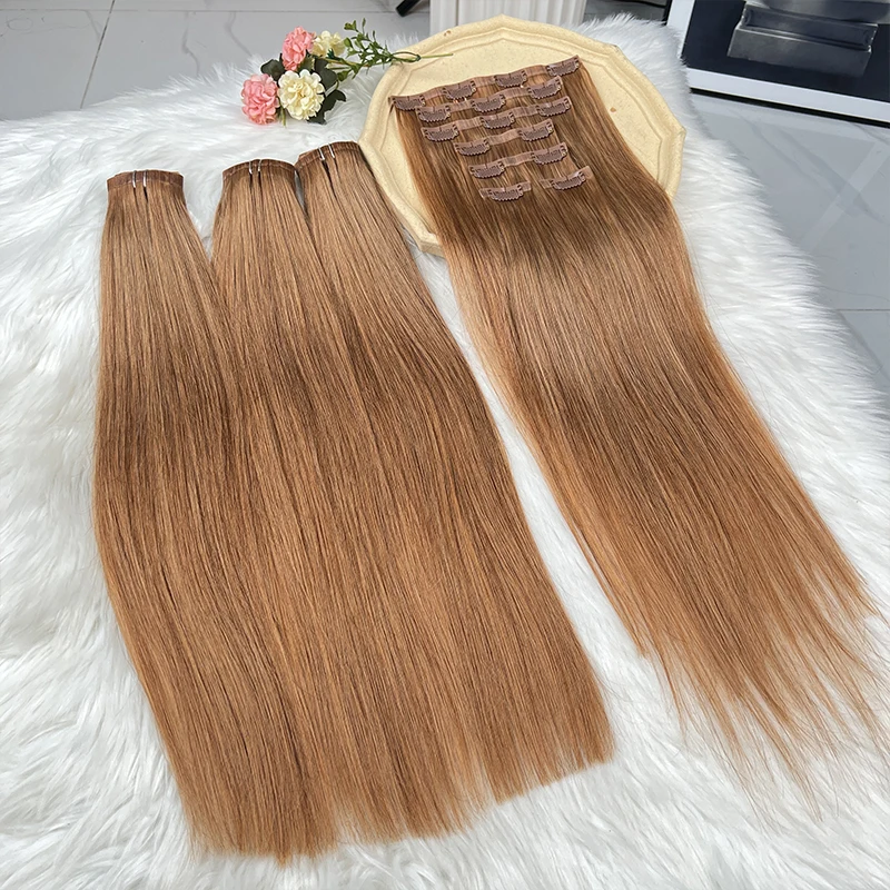 #30 Color Invisible Seamless PU Clip In Hair Extensions Human Hair Straight Clip Ins Raw Virgin Hair Double Weft 7Pcs/Set 100g