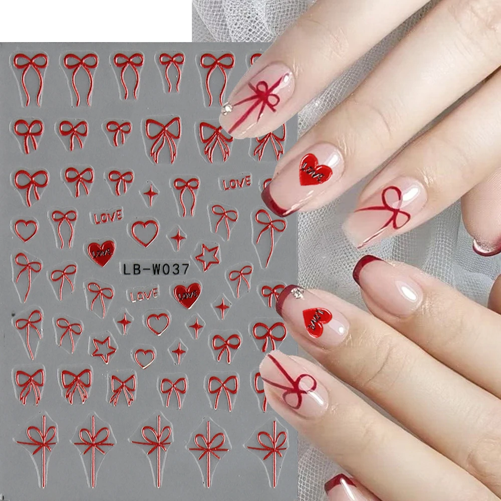 5D Bowknot Nail Stickers Red White Pink Ribbons Heart Letters Nail Decals Y2K Nail Charms Design Manicure Deco Sliders NLLB-W037