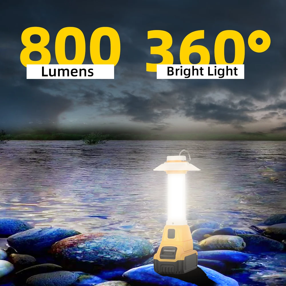 Lampu Lentera 800LM Kompatibel dengan Baterai Dewalt, Lampu Lentera Portabel untuk Berkemah di Luar Ruangan dengan Pengait, Output USB dan Tipe-C (Tanpa Baterai)