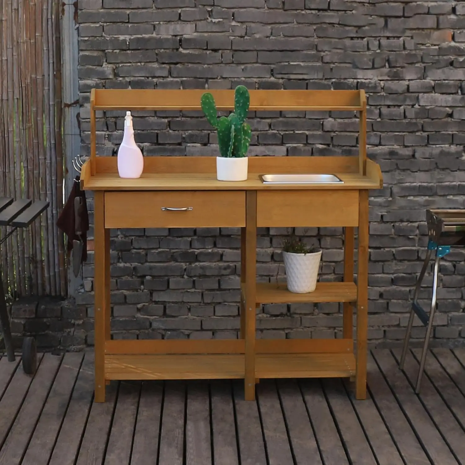 Outdoor Wood Potting Bench, Garden Horticulture Workstation with Removable Stainless Sink, Shelves, Drawers & Hooks,