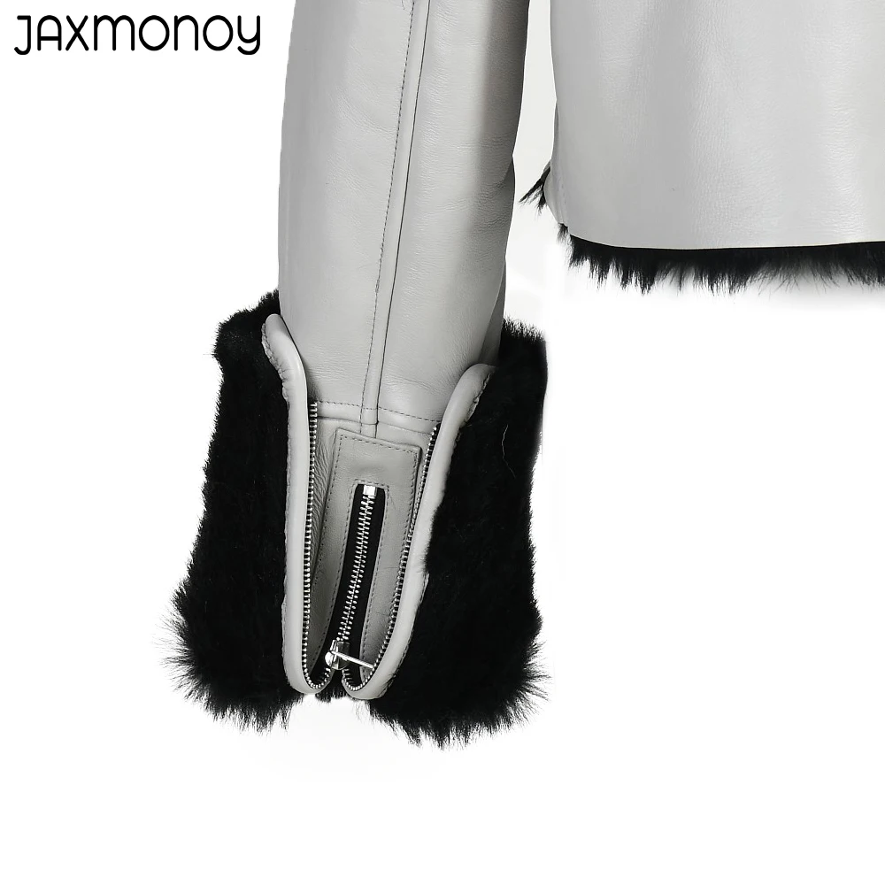 Jaxmonoy Jaket Shearling Asli Wanita Mantel Tuscany Musim Gugur Musim Dingin Mode Wanita Pakaian Luar Pendek Kulit Asli Hangat Baru Wanita