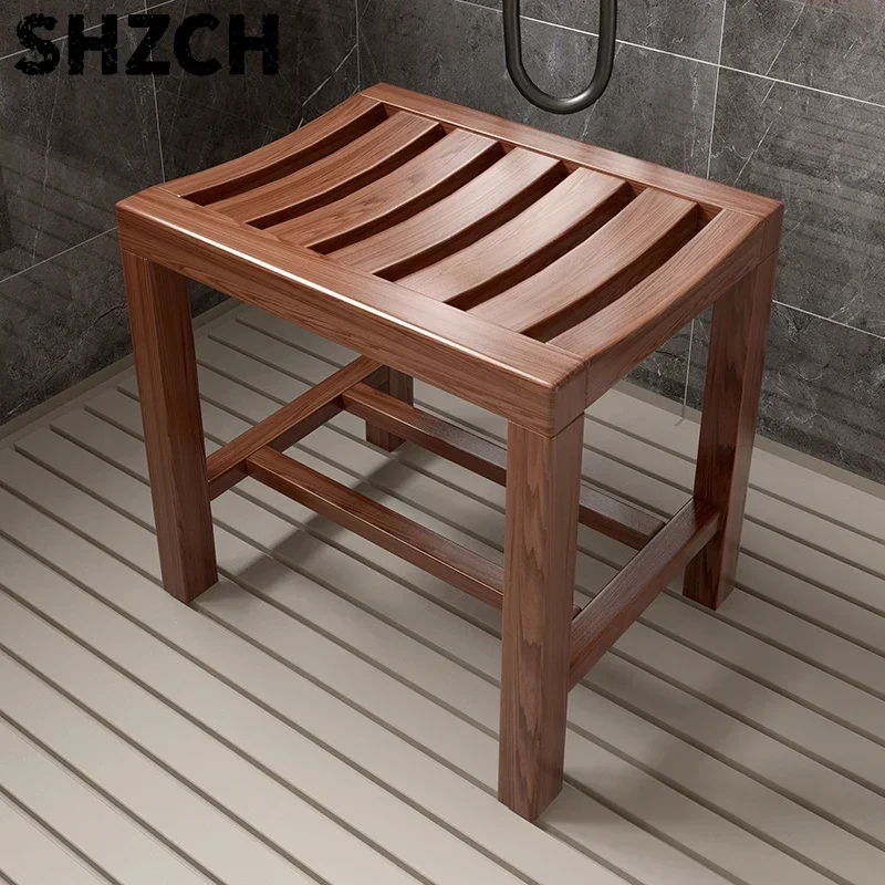 Waterproof Non-Slip Bathtub Stool for Elderly And Pregnant Women Shower Seat with Drain Holes Teak Wood Bathroom Safety Chair