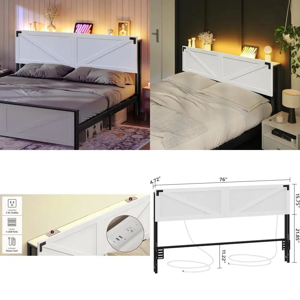 لوح رأسي بحجم كينج على طراز Farmhouse مع منافذ مدمجة ومنافذ USB وإضاءة LED وتخزين آمن