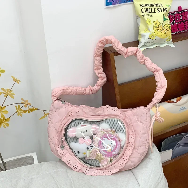 Love Heart Lace Itabag, Y2K Korean Preppy Style Ox Cloth Shoulder Bag, Space Cotton Transparent Zipper Bag for Outdoor Daily Use