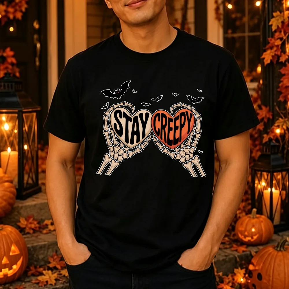 Vintage Gothic Halloween T Shirt Unisex Cotton Stay Creepy Skeleton Graphic Print Women Men Spooky Season Y2k Casual Loose Tee