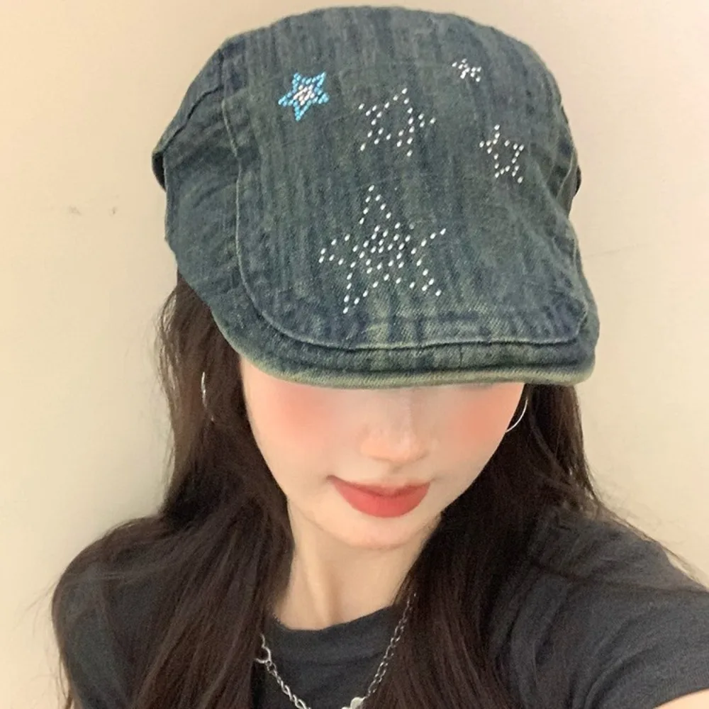 

Fashion Vintage Star Cowboy Beret Y2k Embroidey Painter Hat American Visor Artist Hat Teenagers