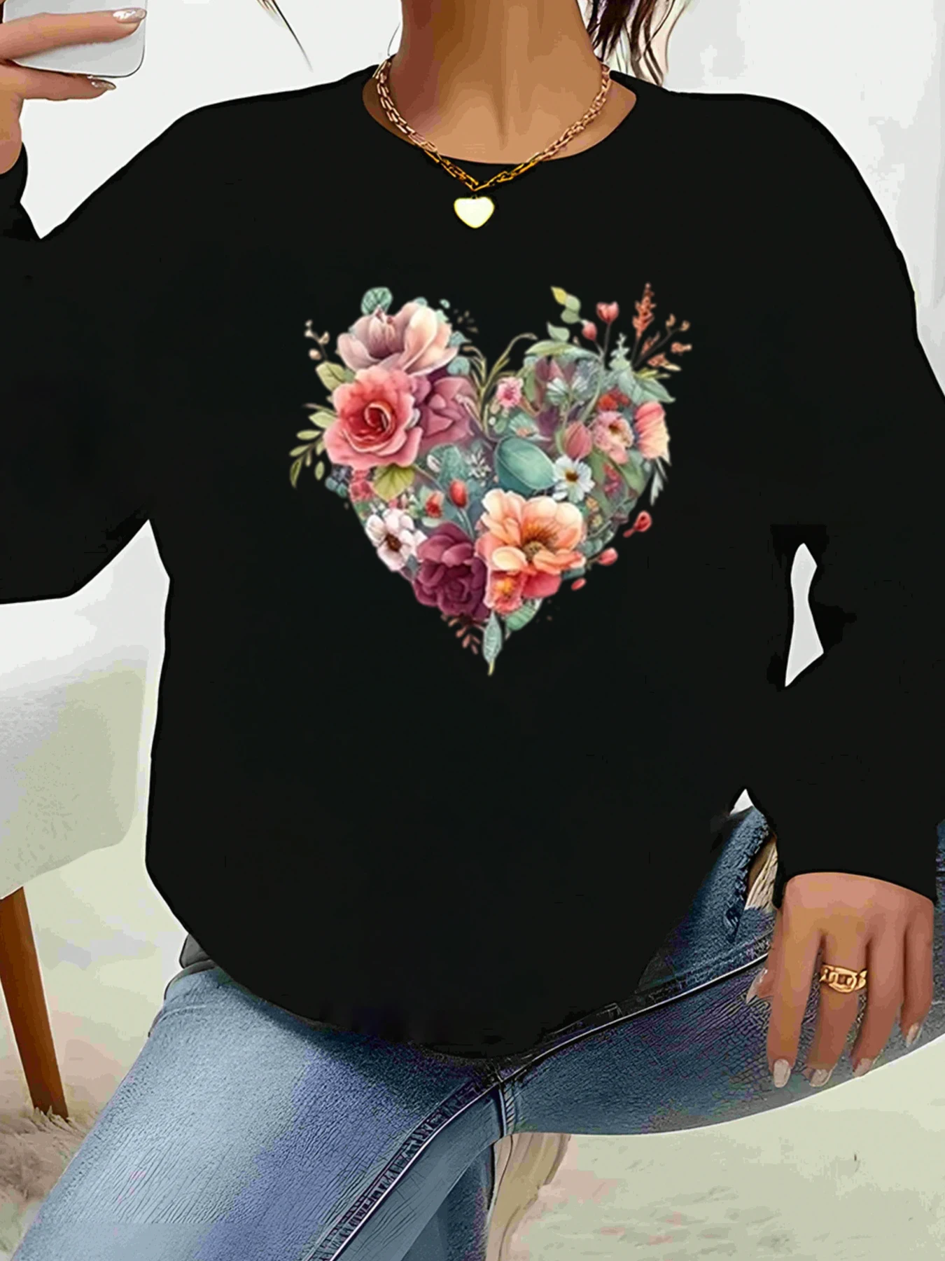 Suéter de manga larga con estampado floral de corazón para el día de San Valentín, ropa informal para mujer